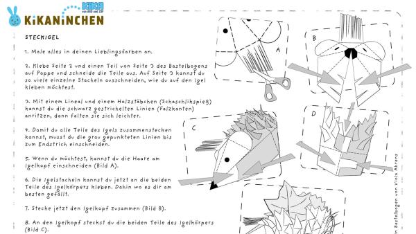 Die Bastelvorlage zum Herunterladen und Ausdrucken für einen Igel mit einem Ahornblatt auf den Stacheln zum Basteln aus Papier. | Rechte: KiKA