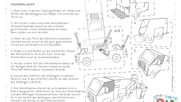 Die Bastelvorlage zum Herunterladen und Ausdrucken für ein Müllauto zum Basteln aus Papier. | Rechte: KiKA