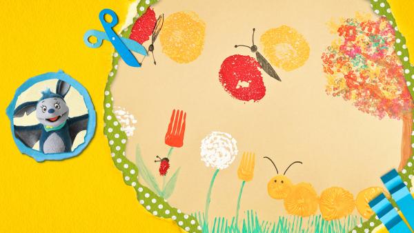 buntes Frühlingsbild mit Tulpen, Pusteblumen, Schmetterlingen, einem Marienkäfer, einem Baum und einer Raupe stempeln | Rechte: KiKA