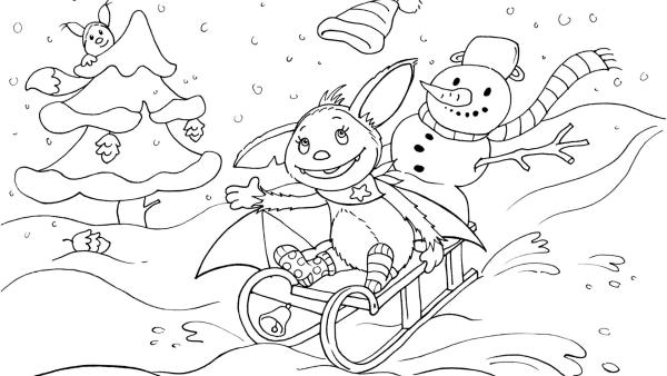Fledermaus Fidi fährt mit einem Schneemann im Winter Schlitten