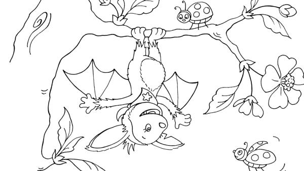 Fledermaus Fidi hängt an einem Baum und spielt mit Marienkäfern | Rechte: KiKA