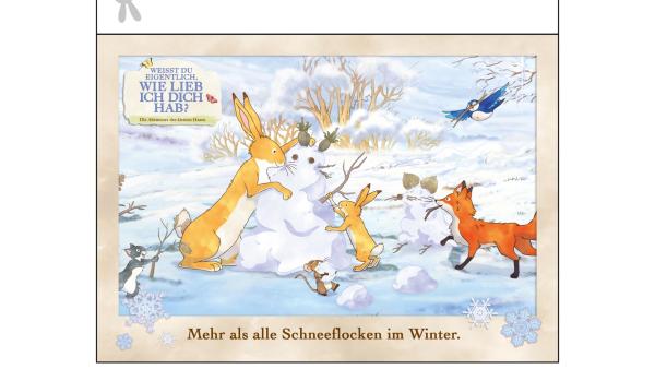 Sende winterliche Grüße mit dieser Postkarte von "Weißt du eigentlich, wie lieb ich dich hab?"!  | Rechte: KiKA
